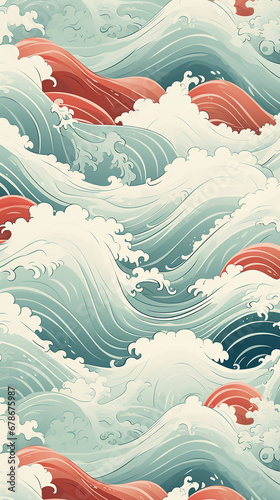 A charming pattern with whimsical and adorable waves  each represented with clean lines and a limited color palette created with Generative Ai