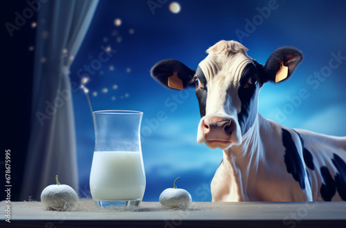 The source of purity, A cow beside a glass of milk symbolizing natural nutrition.