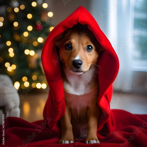 Joyful Christmas Pooch: Festively Attired Dog Extending Heartwarming Christmas Greetings Amidst Holiday Decor and a Festive Christmas Tree (ID: 678676150)