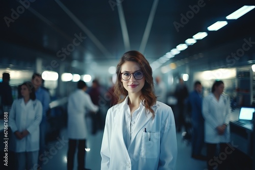 Beautiful young woman scientist wearing white coat and glasses in modern Medical Science Laboratory with Team of Specialists on background photo