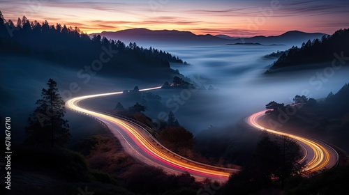 Car headlights and traffic lights on a winding road photo