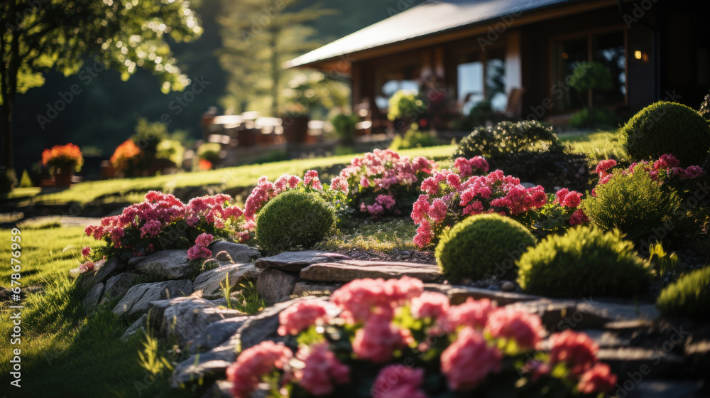 Landscape design with flower beds in home garden, beautiful landscaping in residential house backyard. Scenic view of beautiful landscaped garden, scenery of luxury backyard in summer. Nature theme. Landscape design with flower beds in home garden, beautiful landscaping in residential house backyard. Scenic view of beautiful landscaped garden, scenery of luxury backyard in summer. Nature theme.