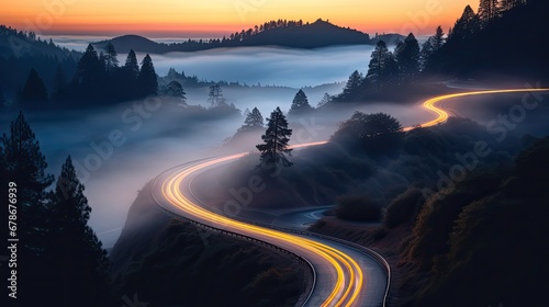 Car headlights and traffic lights on a winding road