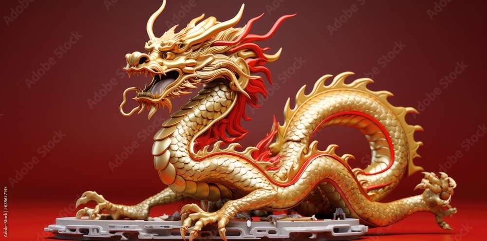 Fototapeta premium Gold dragon on a red background