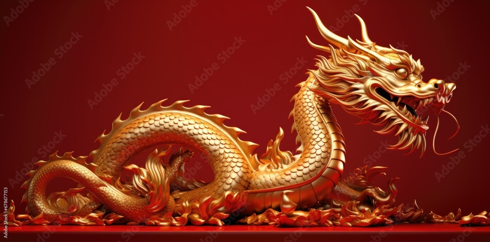 Obraz premium Gold dragon on a red background