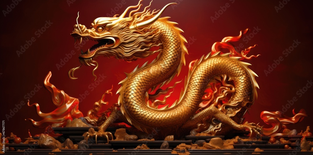 Fototapeta premium Gold dragon on a red background
