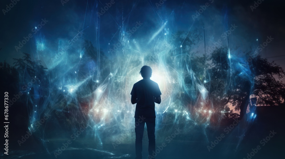 person stand and feel happy on use phone the most hight of technology communication, city, building, male, dark, light, business person stand and feel happy on use phone the most hight of technology communication, city, building, male, dark, light, business