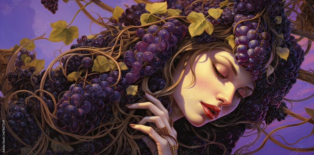 portrait of a woman with grapes in hair