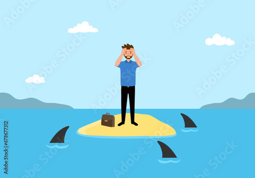 Businessman get stuck on island with water full of shark in flat design. Business or financial crisis.
