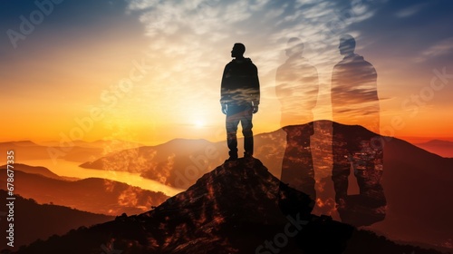 double exposure silhouette photography business male stand and feel happy on the most hight on the mountain, hiking, success, cliff © Space_Background