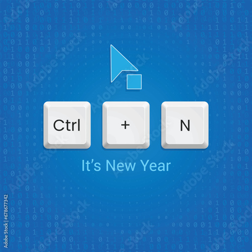 Ctrl + N keyboard button, Mouse cursor, and new year text on binary watermark blue background, It's a corporate social media design concept for The new year. Happy New Year to all corporate employees.