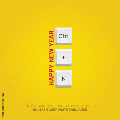 Ctrl + N keyboard button with new year text on a yellow background, It's a corporate social media design concept for The new year. Happy New Year to all corporate employees.