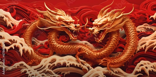 Gold dragon on a red background photo