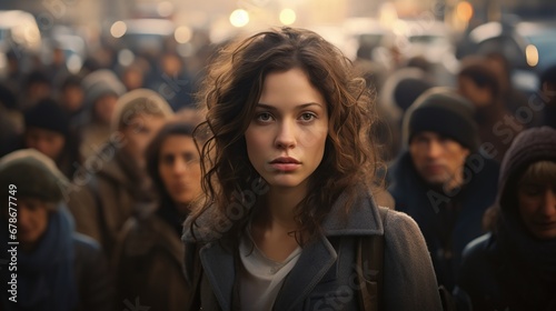 portrait of a young woman in a crowd of people