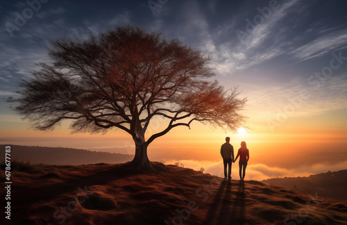 silhouette of a romantic couple holding hands under a big tree at sunset