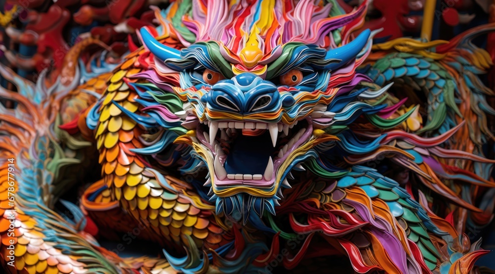 Naklejka premium Dragon faience or dragon sculpture in the style of colorful installation.