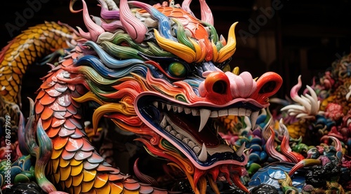 Dragon faience or dragon sculpture in the style of colorful installation. photo