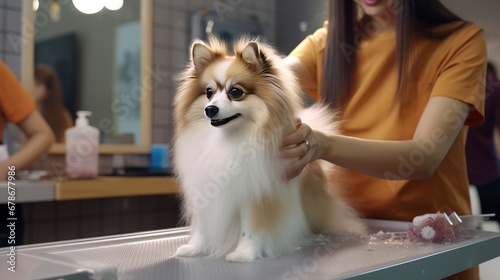 A Well-Behaved Pooch Enjoying a Pampering Session with a Skilled Groomer