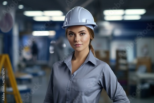 Young female construction workers standing with hard hat on construction site