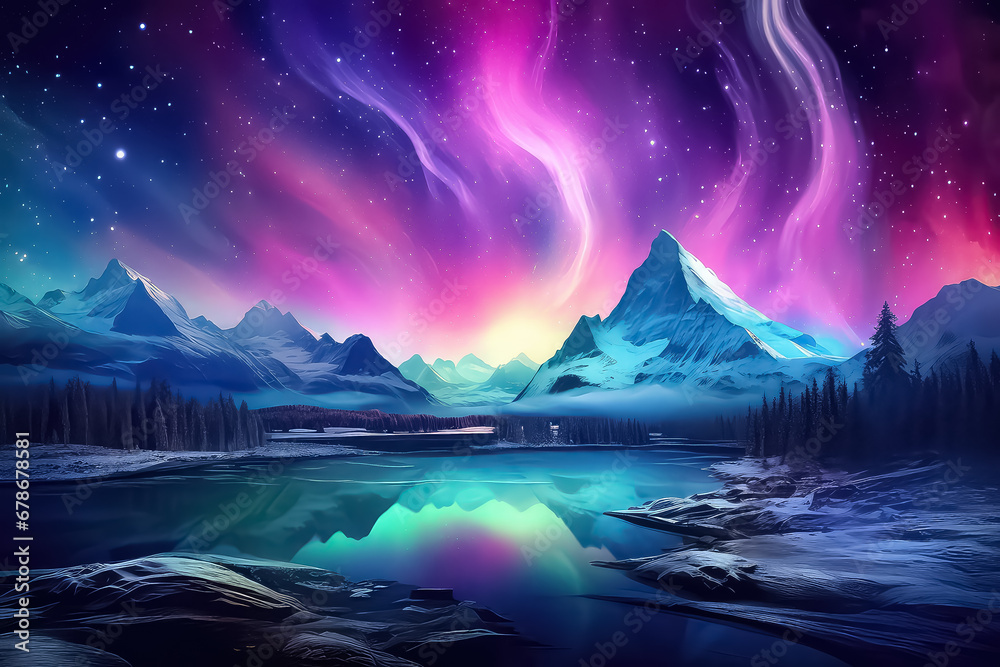 northern lights in night starry sky against background of mountains
