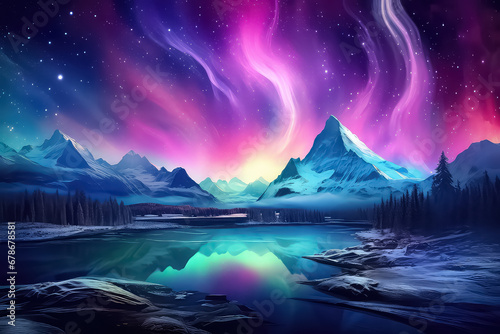 northern lights in night starry sky against background of mountains photo