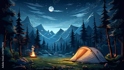 Camping in the mountains at night with bonfire and tent,Seamless looping video background animation, Anime or cartoon style. Generated with AI photo