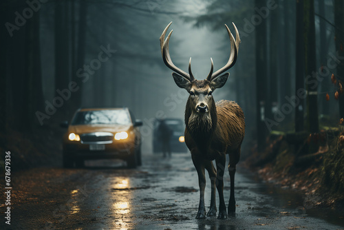 The car stopped due to a deer entering the road. A deer stands on the road in front of a car near the forest on a foggy morning. Empty road.