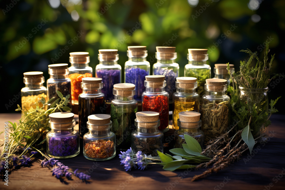 Selection of essential oils with herbs and herb flowers on a wooden board.generative ai Selection of essential oils with herbs and herb flowers on a wooden board.generative ai