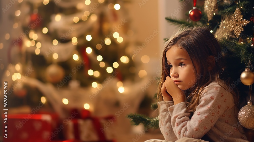 A Joyful Christmas Celebration with a Little Girl Admiring the Festive Tree