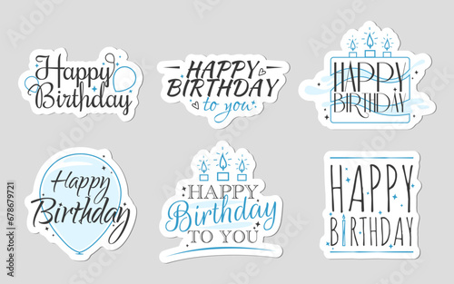 Set of Happy Birthday blue stickers with signs
