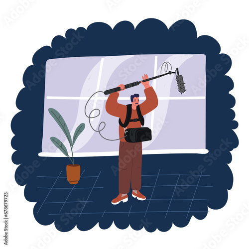 Cartoon vector illustration of Full length shot of sound engineer holding a microphone on stage