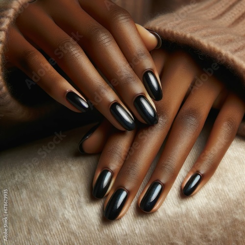Black woman's hand showcasing manicured nails. AI Generated. photo