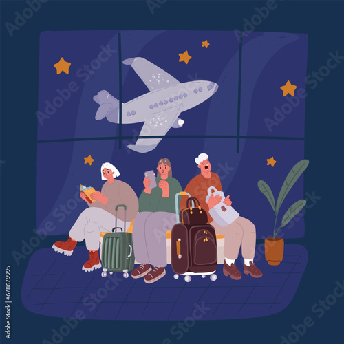 Cartoon vector illustration of Airport. Waiting room. People with luggage on wheels. A man with a book sits in the waiting room. Meeting business partners.