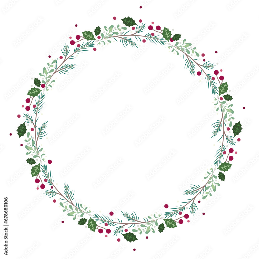 Cadre rond couronne de Noël composé de feuilles de pin, gui, houx et boules rouges, espace pour du texte au centre, vecteur traits fins élégant et cosy pour l'hiver et la saison des fêtes Cadre rond couronne de Noël composé de feuilles de pin, gui, houx et boules rouges, espace pour du texte au centre, vecteur traits fins élégant et cosy pour l'hiver et la saison des fêtes