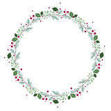 Cadre rond couronne de Noël composé de feuilles de pin, gui, houx et boules rouges, espace pour du texte au centre, vecteur traits fins élégant et cosy pour l'hiver et la saison des fêtes 