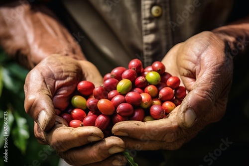 Farmer's Hands Full of Fresh Coffee Cherries