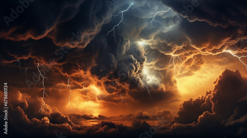 Clouds with lightning, violent and frightening nature, turbulent weather