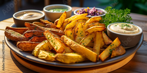 platter of fries, chips and potato wedges with different sauces and dips 