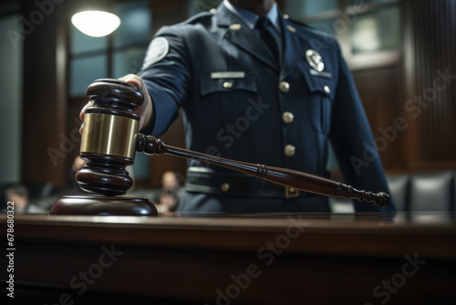 View of military court gavel with soldier's hand, law and justice motive.generative ai
 photo