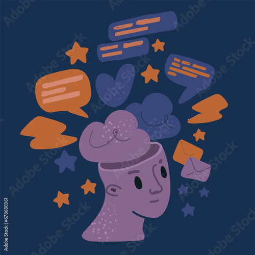 Cartoon vector illustration of Depressed Anxious person Suffer of Depression or Anxiety Problem Feel Frustrated Walking under Rainy Cloud above Head. Sad or Desperate Male Character Sorrow, Mental Dis