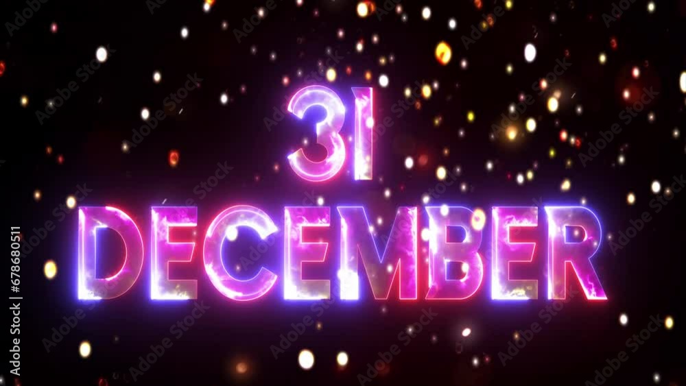 Glowing neon text icon 31 December with golden glowing particle animated video