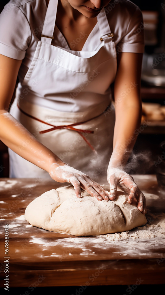 Dedicated female baker kneading bread dough on floured bakery table. Shallow field of view.