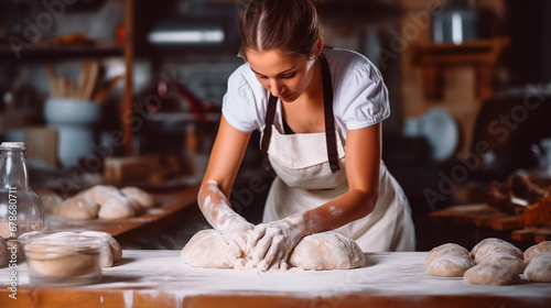 Dedicated female baker kneading bread dough on floured bakery table. Shallow field of view.