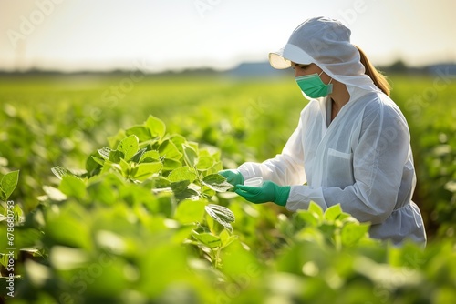 Agricultural Engineer Analyzing Soybean Health in Field on Summer Day
