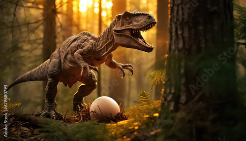 Tyrannosaurus rex with small egg in sunlight photo