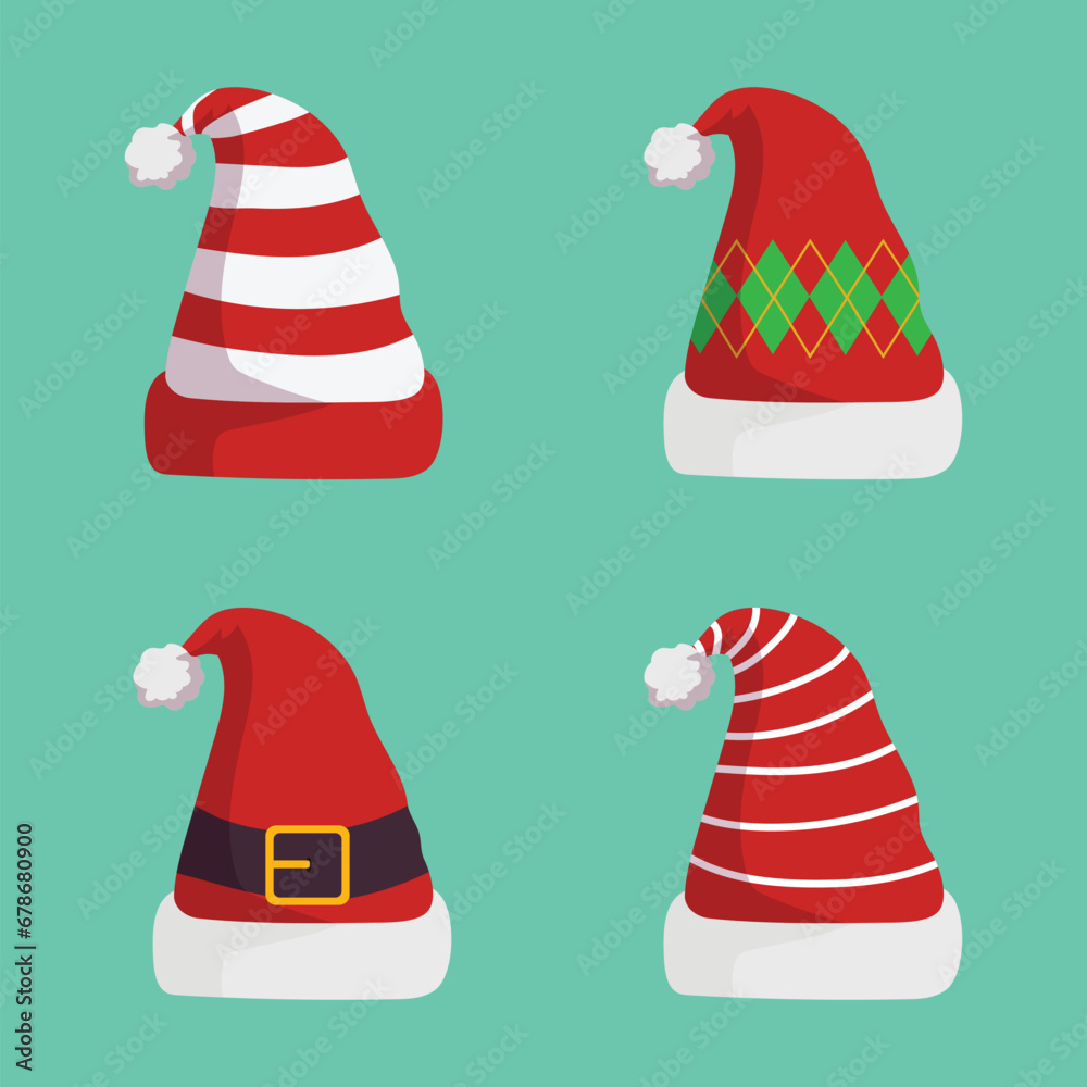 Set of Santa Claus red hats, Santa red hats with various patterns and colors Set of Santa Claus red hats, Santa red hats with various patterns and colors