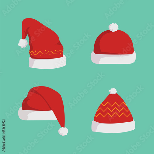 Set of Santa Claus red hats, Santa red hats with various patterns and shapes