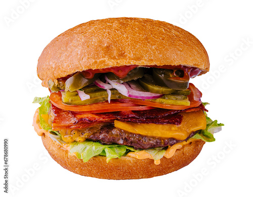 burger with beef, tomato, cheese, bacon and lettuce isolated
