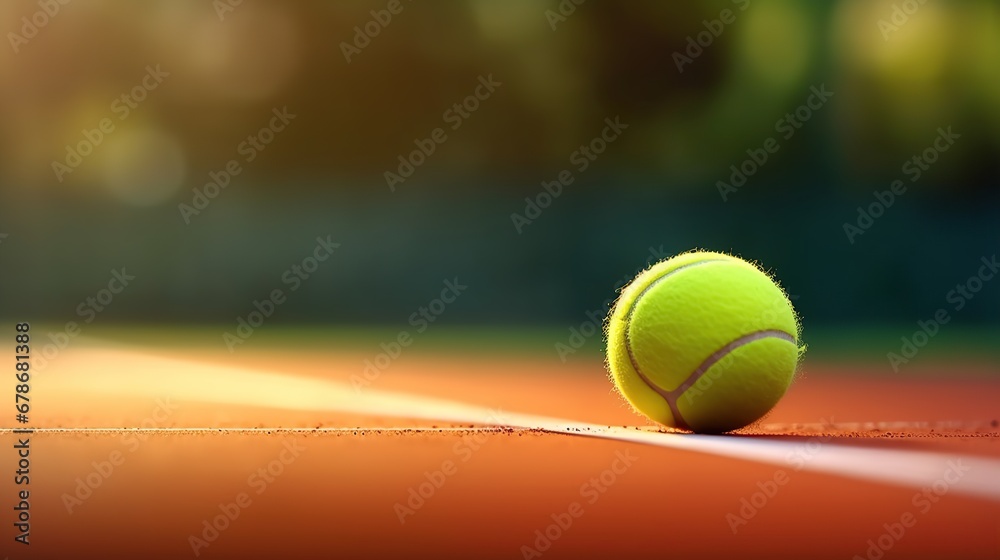 Tennis ball on tennis court with copy space. Selective focus