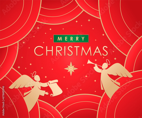 Christmas card with angels. Red background with stars and stylized sky. Vector simple illustration.